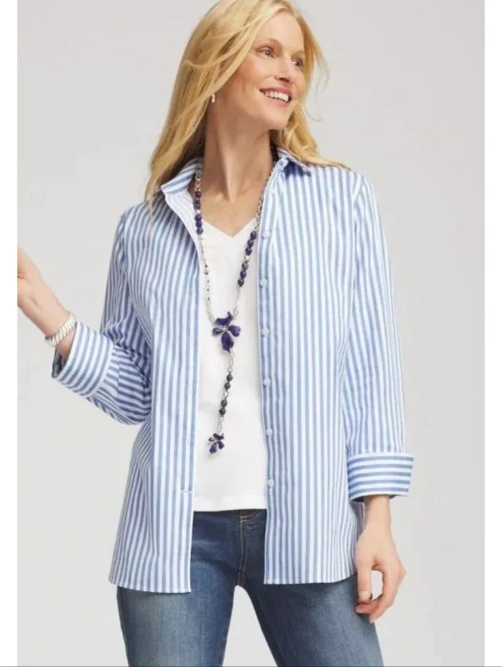 Chico's No Iron Stretch Striped Shirt Light Blue & White Size 2= 12/14 - Picture 2 of 16